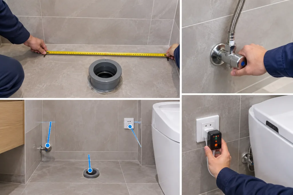 checking toilet rough-in, shutoff valve, water supply, and electrical outlet before smart toilet installation