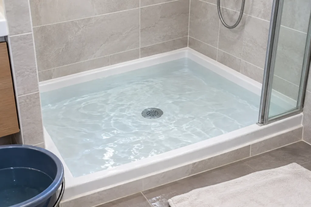 testing a shower pan for leaks before replacing bathroom shower tile